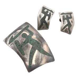 Taxco Sterling Silver Inlaid Crushed Turquoise Warrior Brooch/Pendant w Earrings